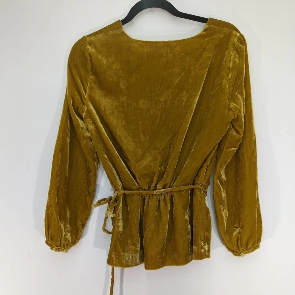J.Crew Faux-Wrap Blouse Top‎ Drapey Velvet Waist Tie Balloon Sleeve Yellow 0